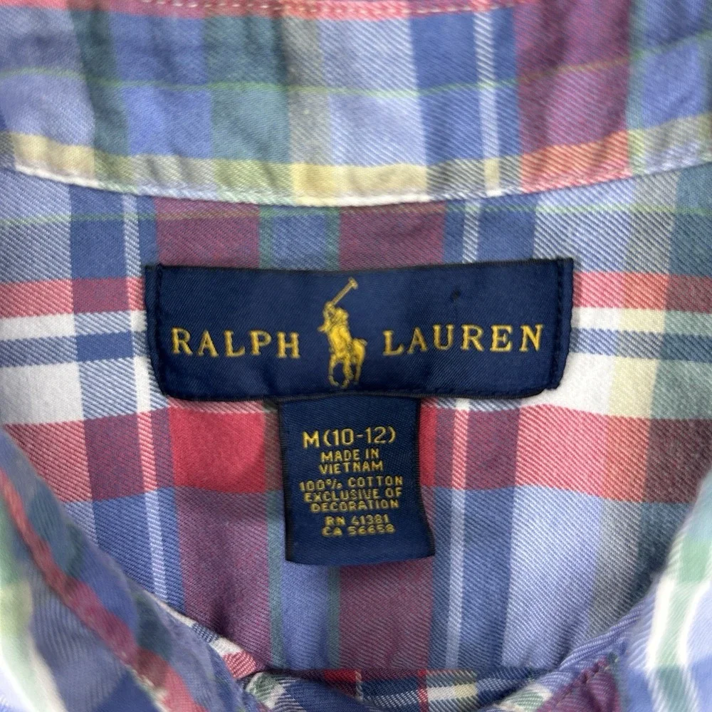 Ralph Lauren Medium (10-12) Pastel Plaid Long Sleeve Button Down 100% Cotton‎